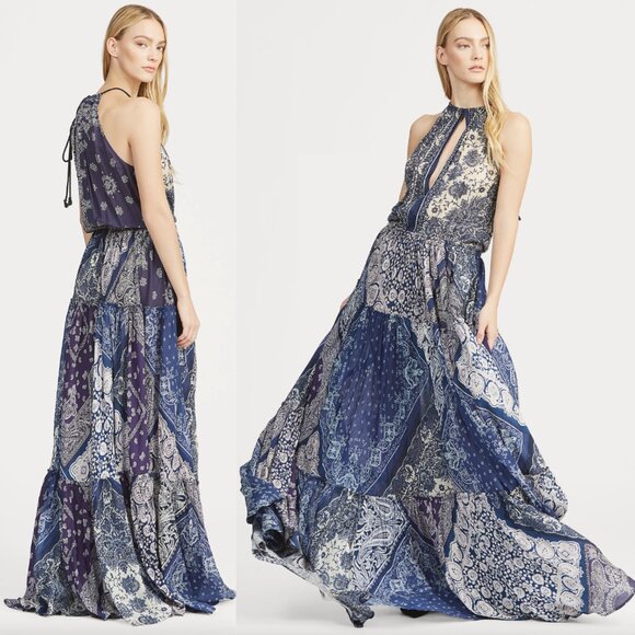 NEW NWT POLO RALPH LAUREN Bandana Print Silk Maxidress Navy Blue Boho Maxi Dress - Picture 1 of 16
